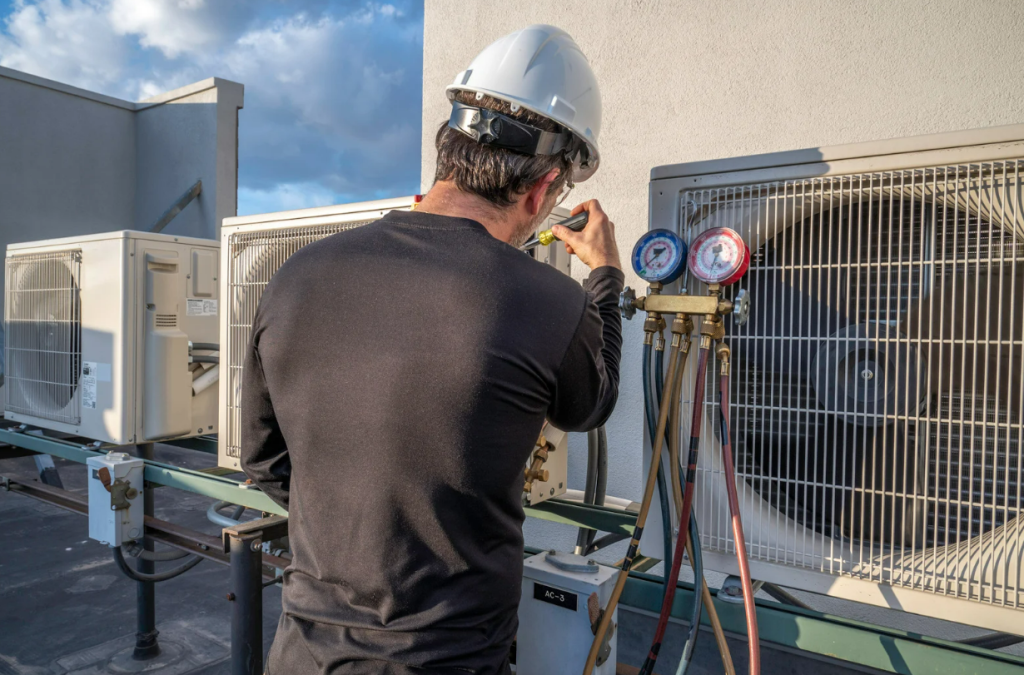 A professional HVAC technician, dressed in a clean uniform and equipped with modern tools, inspects a central air conditioning unit outside a well-maintained suburban home in a Texas neighborhood, set against a backdrop of lush greenery that conveys a sense of reliability, community, and the brand's commitment to quality services, with a warm color palette reflecting the Texas climate and incorporating shades of blue and green to symbolize cooling and plumbing services.